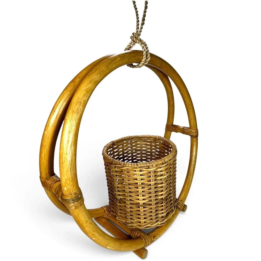 VTG Bent Bamboo Rattan Wood Hanging Basket Hoop Planter MCM/Boho 14